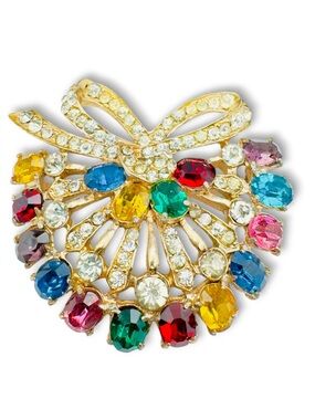 Vintage Art Deco Multicolored Foiled Back Glass Rhinestone Bow Brooch